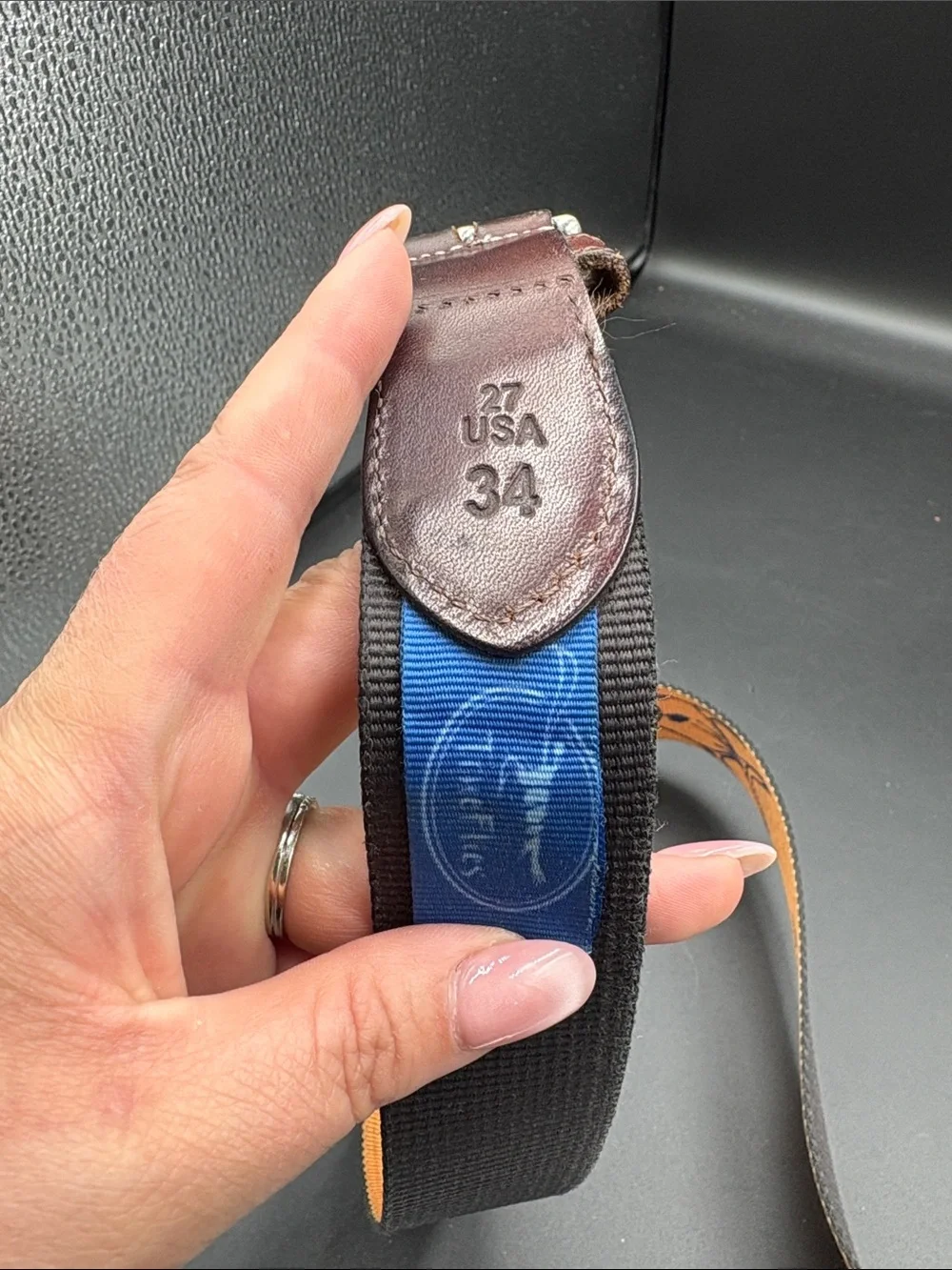 True Flies Fish-Print Belt with Leather Trim size 34